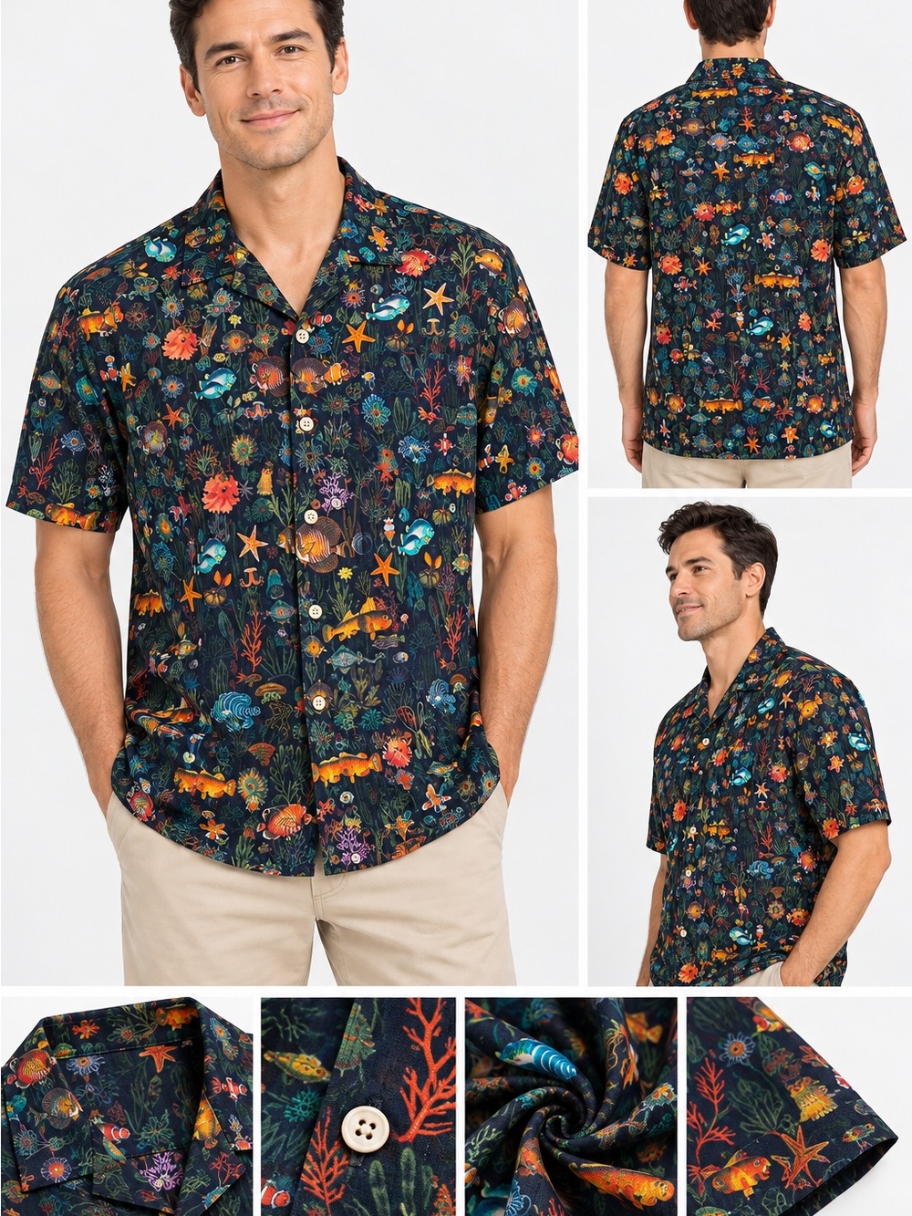 Yiume Men's Navy Tropical Reef Printed Shirt